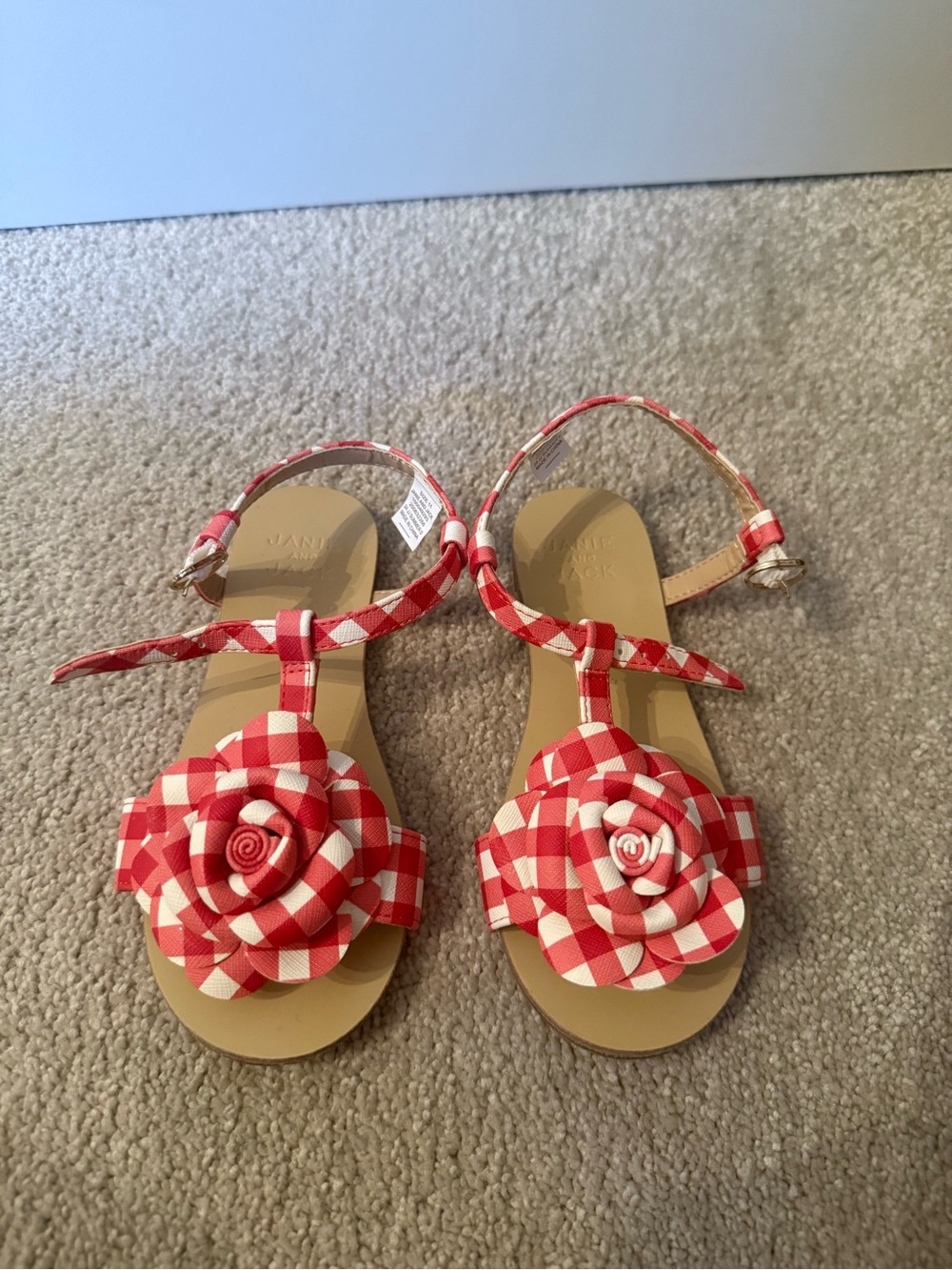 Janie and Jack Red and White Gingham Floral Strap Sandals